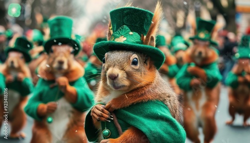 Fototapeta Naklejka Na Ścianę i Meble -  Squirrels in green hats celebrate St. Patrick's Day during a festive parade in the city