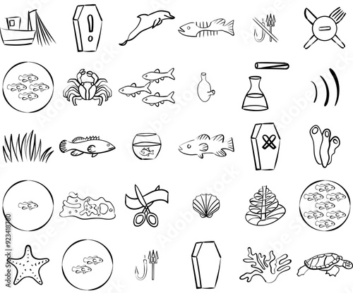 Set Of Linear Undersea Isolated Silhouette Solid Icons With Hand-Drawn,Undersea,Animals,Sea,Fish Business Infographic Elements Logo Vector Illustration