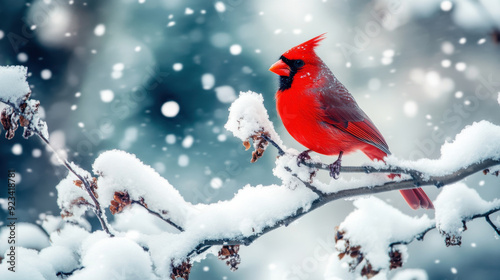 Close-up of snow-covered branches with a vibrant red cardinal perched on top, against a snowy background.