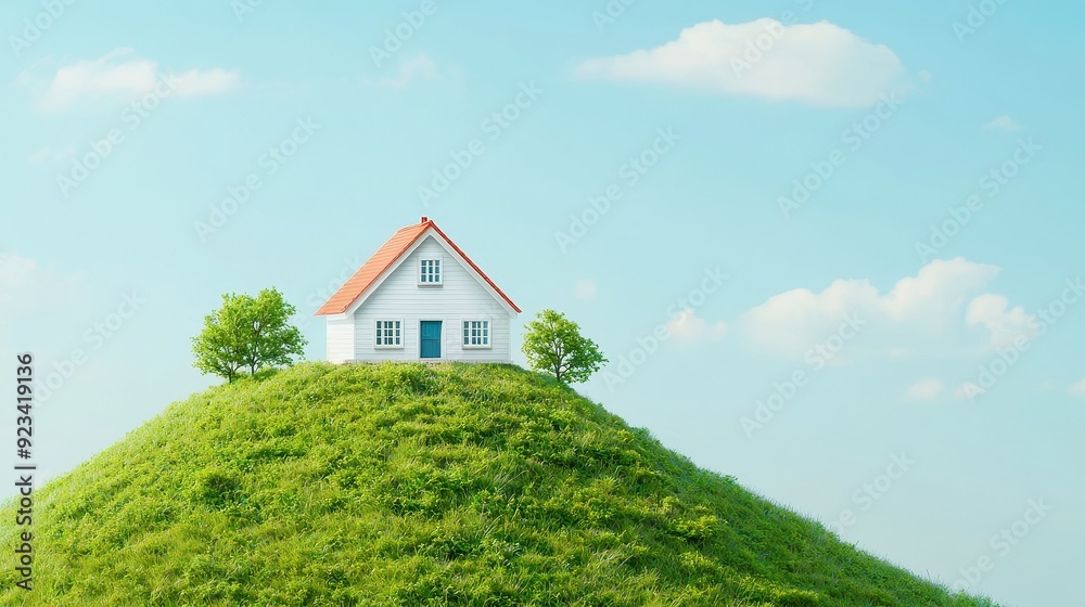 Fototapeta premium Charming hillside retreat, nestled on a gentle slope, surrounded by lush forest greenery, offering serene views and a peaceful atmosphere for relaxation and contemplation