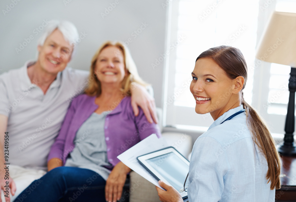 Old couple, nurse and tablet for healthcare in portrait, helping and online insurance application. People, doctor and medical website for patient results, talk and caregiver consulting in home visit Old couple, nurse and tablet for healthcare in portrait, helping and online insurance application. People, doctor and medical website for patient results, talk and caregiver consulting in home visit