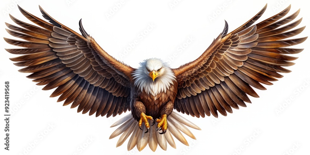 Fototapeta premium Majestic eagle illustration with outstretched wings and sharp talons on a pristine white background, perfect for logos, icons, and designs that evoke strength and freedom.