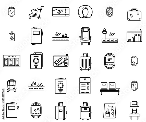 A Collection Of Travel Icons Silhouette Vector Logo Design Containing Luggage,Departure,Plane,Flight,Plane-Window Outline Icons Collection. Simple Vector Illustration