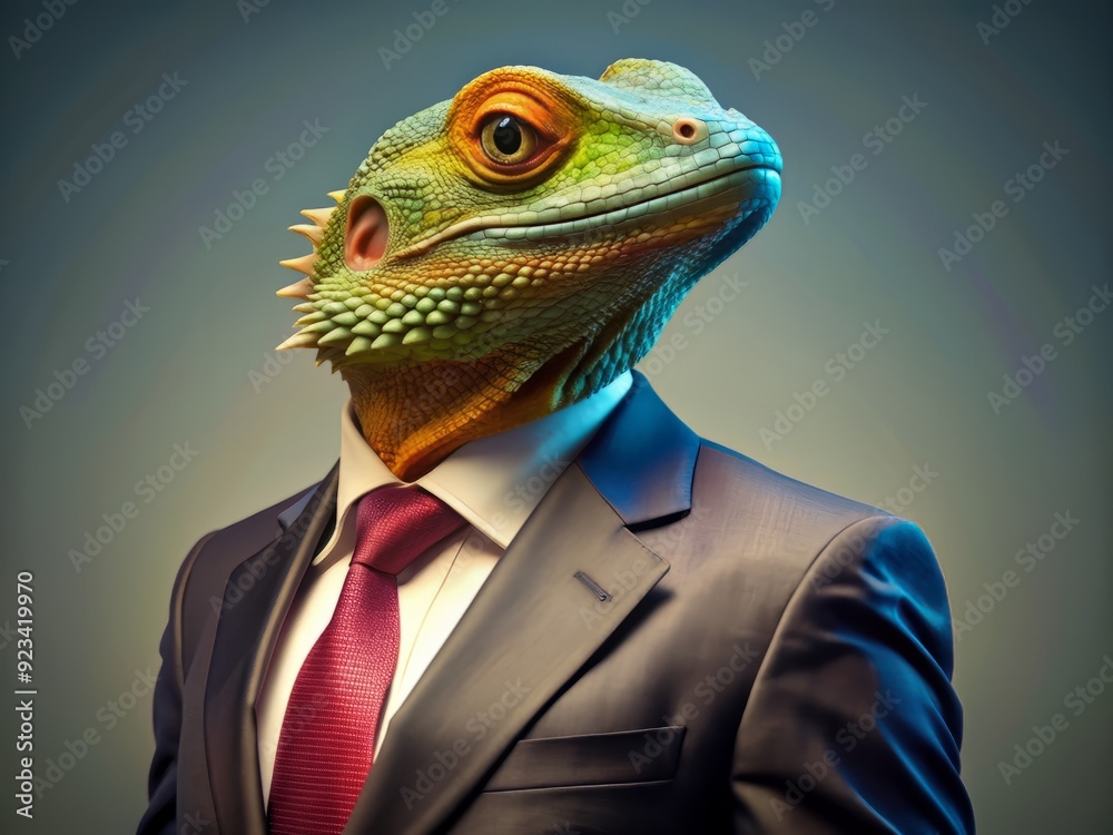 A brightly colored lizard stands confidently in a tailored suit and tie, exuding professionalism with its upright posture and vibrant, patterned attire. A brightly colored lizard stands confidently in a tailored suit and tie, exuding professionalism with its upright posture and vibrant, patterned attire.
