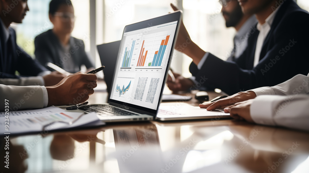Analyzing financial data on a laptop in office. Analyzing financial data on a laptop in office.