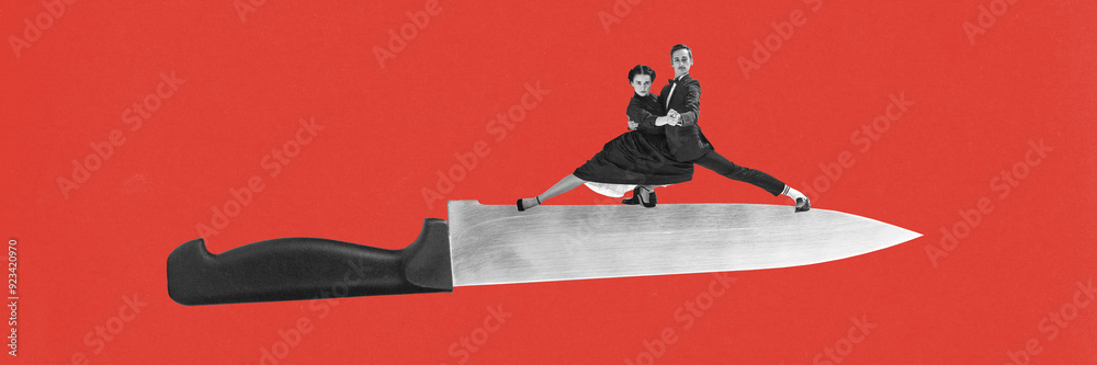 Φωτογραφία Passionate and elegant couple, man and woman dancing atop of knife against red background