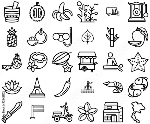 A Collection Of Thailand Vector Symbols Apps, Websites Ui Designs Suitable For Food,Nature,Thailand,Fruit,Sea Business Infographic Elements Logo Vector Illustration