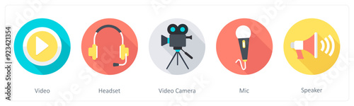 A set of 5 Communication icons as video, headset, video camera