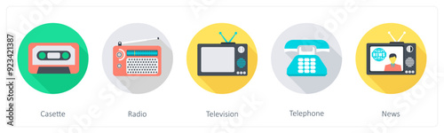 A set of 5 Communication icons as casette, radio, television