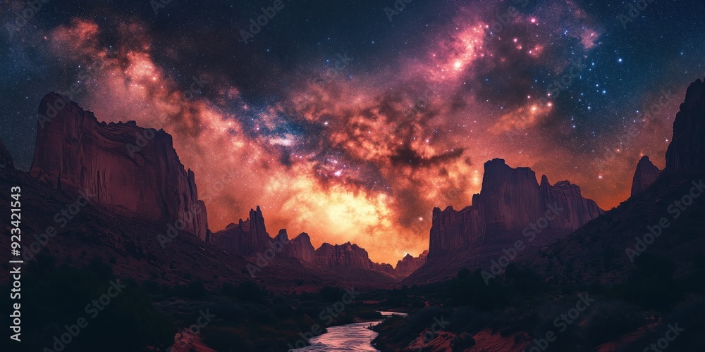Fototapeta premium Milky Way Over Desert Canyon at Night. Mesmerizing night scene with the Milky Way arching over a dramatic desert canyon, illuminated by starlight and the faint glow of the galaxy.