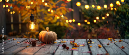 Still life of autumn pumpkin with glowing lantern, light bulb, garlands decoration on wooden background at the backyard patio.Fall banner for Halloween with Jack-o-lantern. Copy space. Generative ai