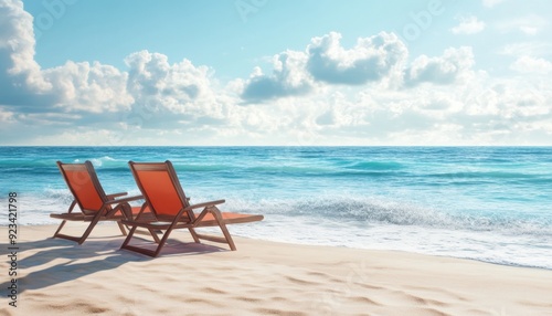 Two orange deck chairs facing the tranquil ocean on a sunny beach in the afternoon