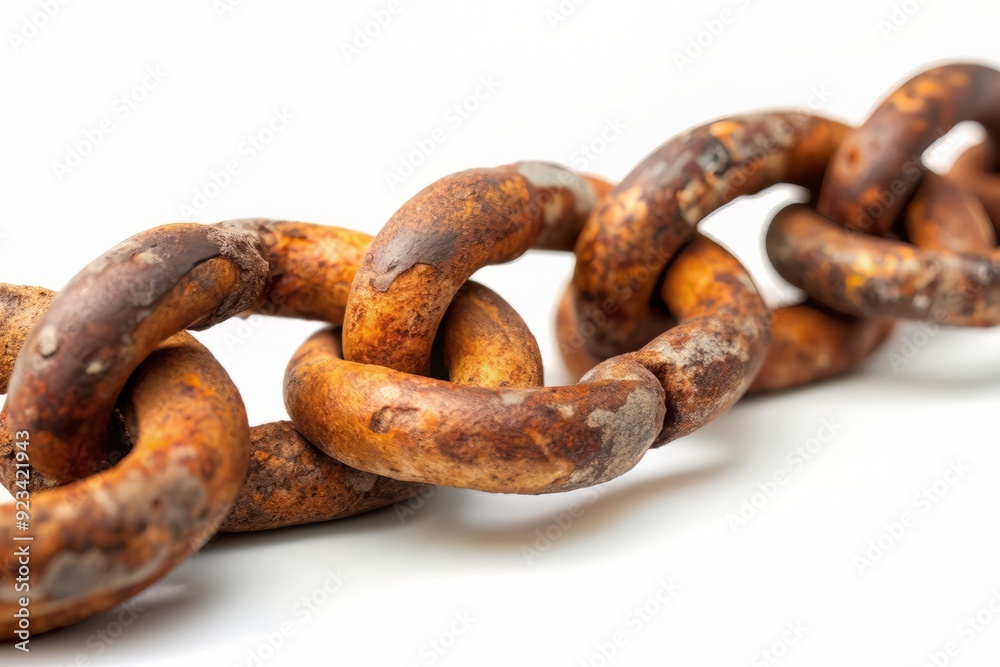 Rusty old chain with corroded links and worn texture isolated on a pristine white background, exuding a sense of age and neglect. Rusty old chain with corroded links and worn texture isolated on a pristine white background, exuding a sense of age and neglect.