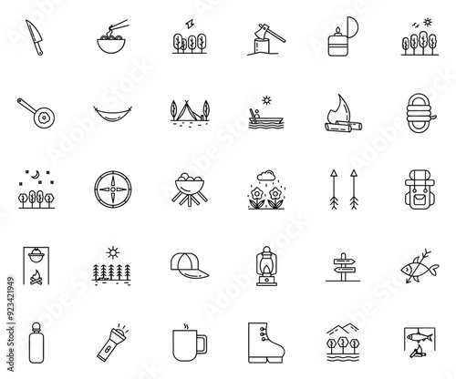 Mega Set Of Vector Survival In Forest Line Icons Isolated Silhouette Solid Icons With Food,Survive,Adventure,Outdoors,Camping Stroke Icon Collection. Vector Illustration