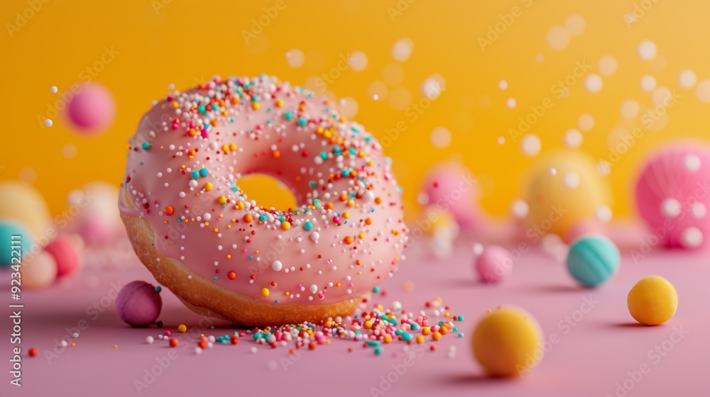 Pink donut with colorful sprinkles on vibrant background Pink donut with colorful sprinkles on vibrant background