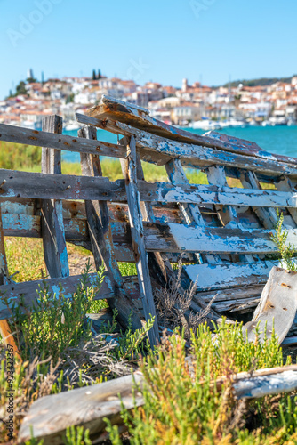 Greece Peloponnese region Poros island and Galatas town seaside sailing boats on the blue sea photo