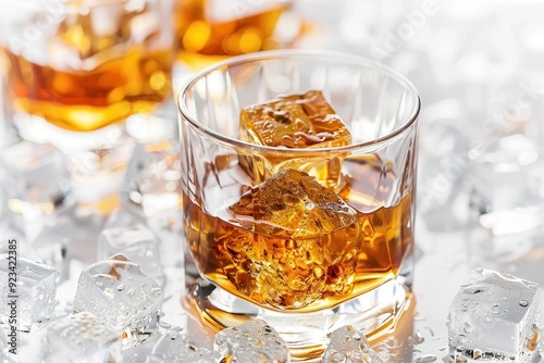 Scotch Whiskey. Closeup of Whiskey Glass with Ice Cube, Liqueur in the Background