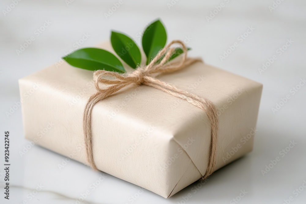 A beautifully wrapped gift box adorned with twine and greenery, perfect for any occasion or gift-giving event. A beautifully wrapped gift box adorned with twine and greenery, perfect for any occasion or gift-giving event.