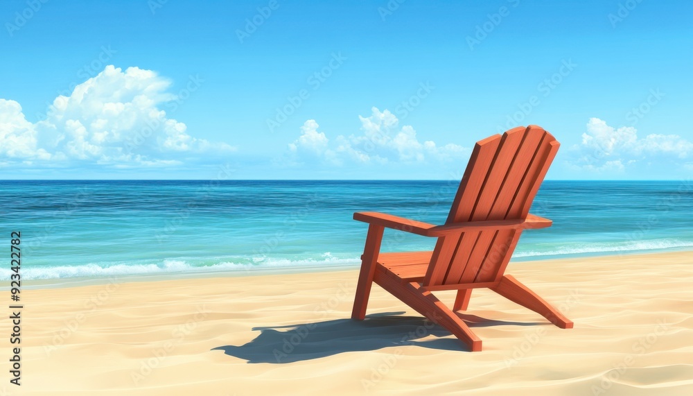 Adirondack chair on sandy beach overlooking calm ocean waters under a clear blue sky Adirondack chair on sandy beach overlooking calm ocean waters under a clear blue sky