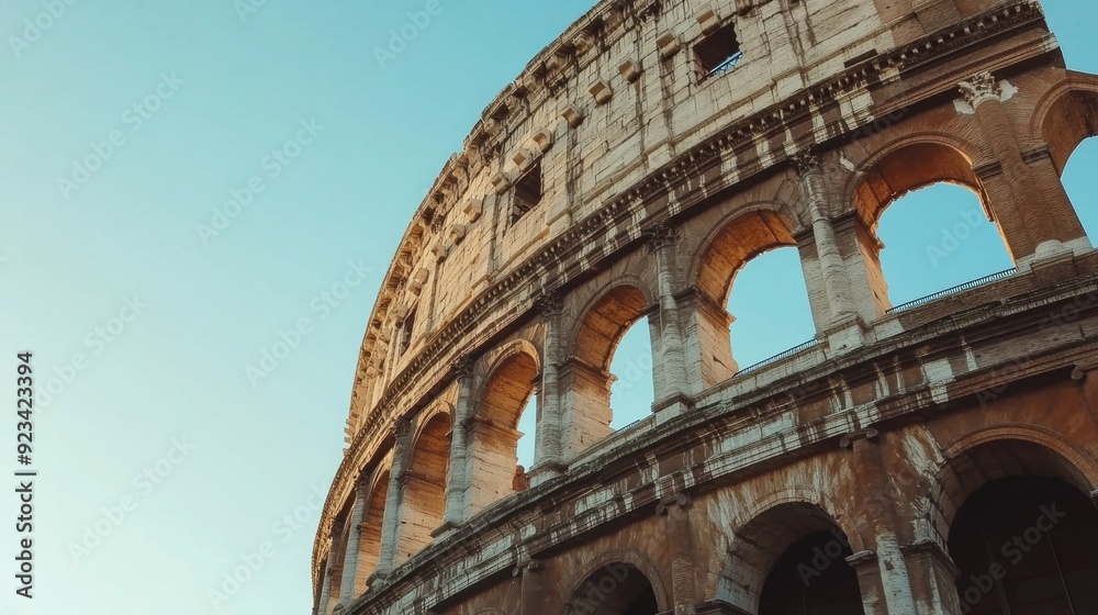 Fototapeta premium A stunning view of the Colosseum in Rome reveals its ancient architecture. The structure stands tall against the clear blue sky. This image captures the beauty and history of Italy. AI