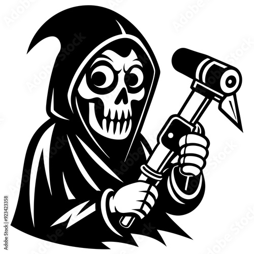 grim reaper cartoon bring hand impact wrench on a white background silhouette vector illustration