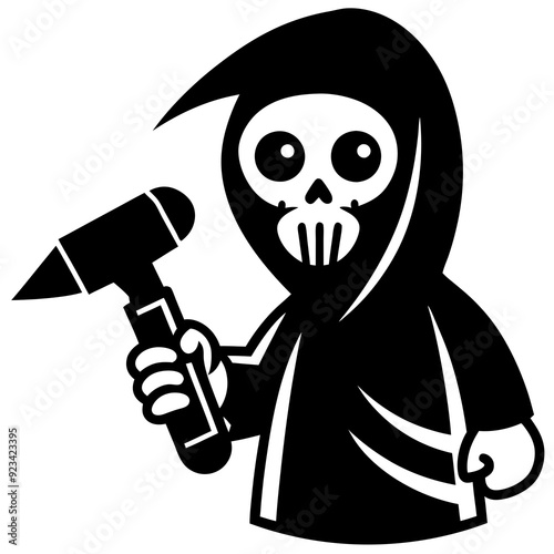 grim reaper cartoon bring hand impact wrench on a white background silhouette vector illustration