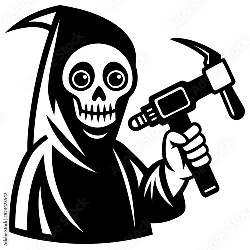 grim reaper cartoon bring hand impact wrench on a white background silhouette vector illustration