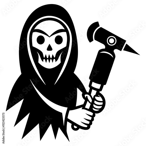 grim reaper cartoon bring hand impact wrench on a white background silhouette vector illustration