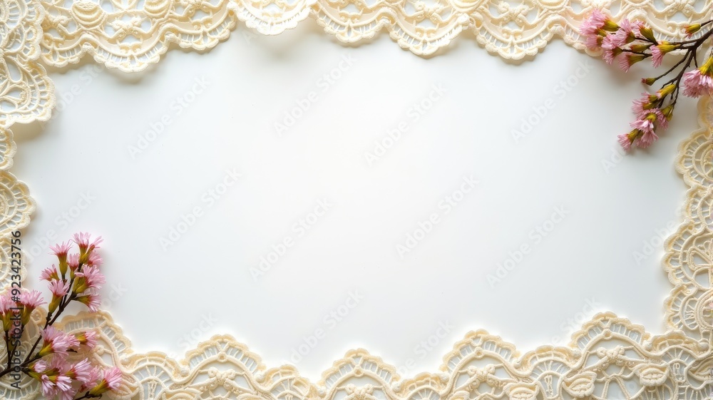 Elegant Lace Border with Pink Flowers on White Background for Invitations and Cards Elegant Lace Border with Pink Flowers on White Background for Invitations and Cards