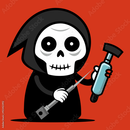 grim reaper cartoon bring hand impact wrench on a white background silhouette vector illustration