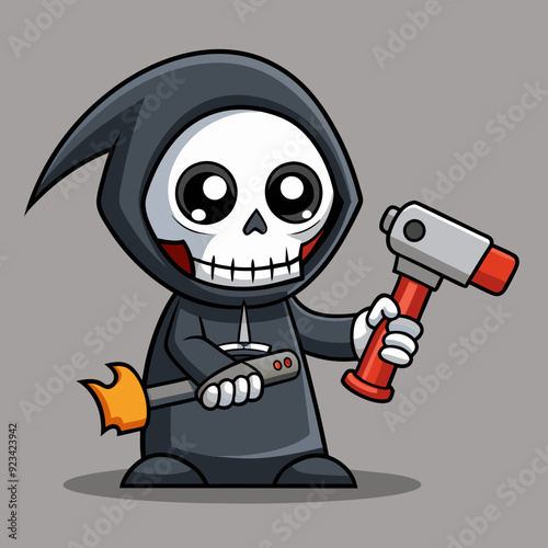 grim reaper cartoon bring hand impact wrench on a white background silhouette vector illustration