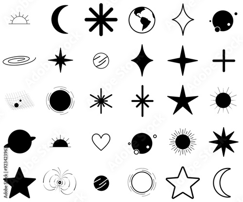 Set Of Linear Space Icons Web Header Banner Design Containing Sun,Planet,Star-Burst,Starburst,Shine Vector Illustration Linear Pictogram Pack