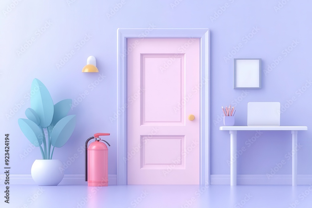 A pastel interior design featuring a pink door, plant, and modern decor elements, perfect for contemporary aesthetic themes. A pastel interior design featuring a pink door, plant, and modern decor elements, perfect for contemporary aesthetic themes.
