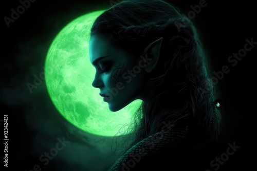 A mystical silhouette of an elf against a glowing green moon, embodying themes of fantasy and enchantment.