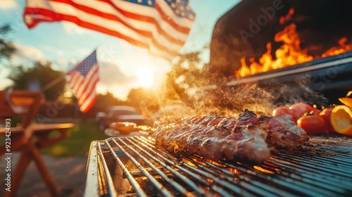 Backyard Memorial Day Barbecue Celebration, a festive gathering featuring a picnic table adorned with American flags, surrounded by friends and family enjoying the holiday spirit.