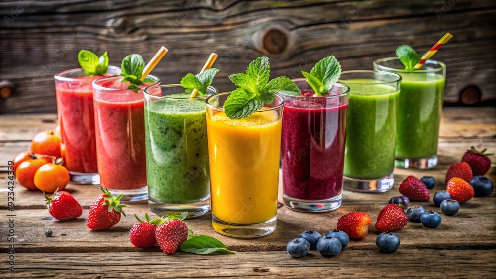 A vibrant row of colorful glasses filled with fresh and healthy fruit and vegetable smoothies, garnished with mint leaves and laid out on a rustic wooden table. A vibrant row of colorful glasses filled with fresh and healthy fruit and vegetable smoothies, garnished with mint leaves and laid out on a rustic wooden table.