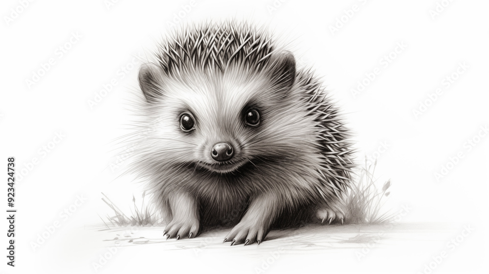 Fototapeta premium sweet young hedgehog drawing, hedgehog pencil drawing vintage.