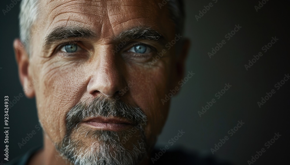 Mature man with a beard and striking blue eyes in soft lighting Mature man with a beard and striking blue eyes in soft lighting