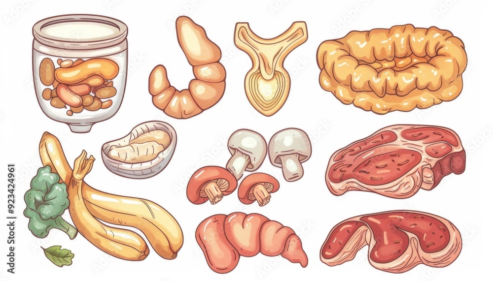 Assorted foods including seafood, fruits, and meats presented on a white background
