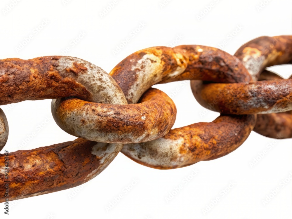 Rusted metal chain with corroded links and worn texture, isolated on a clean white background, conveying a sense of decay and abandonment. Rusted metal chain with corroded links and worn texture, isolated on a clean white background, conveying a sense of decay and abandonment.