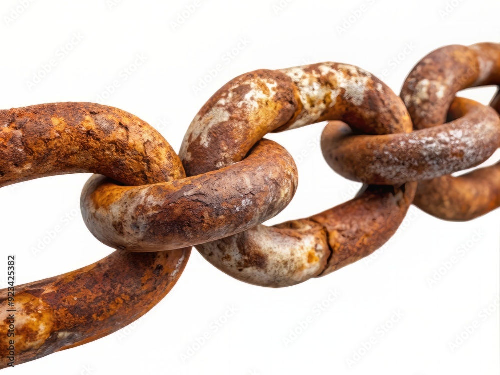 Rusty old chain with corroded links and worn metal texture isolated on a pure white background, evoking nostalgia and decay. Rusty old chain with corroded links and worn metal texture isolated on a pure white background, evoking nostalgia and decay.