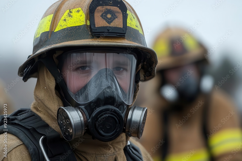 Close-up of a firefighter wearing a protective helmet and mask, prepared for emergency response in challenging conditions. Close-up of a firefighter wearing a protective helmet and mask, prepared for emergency response in challenging conditions.