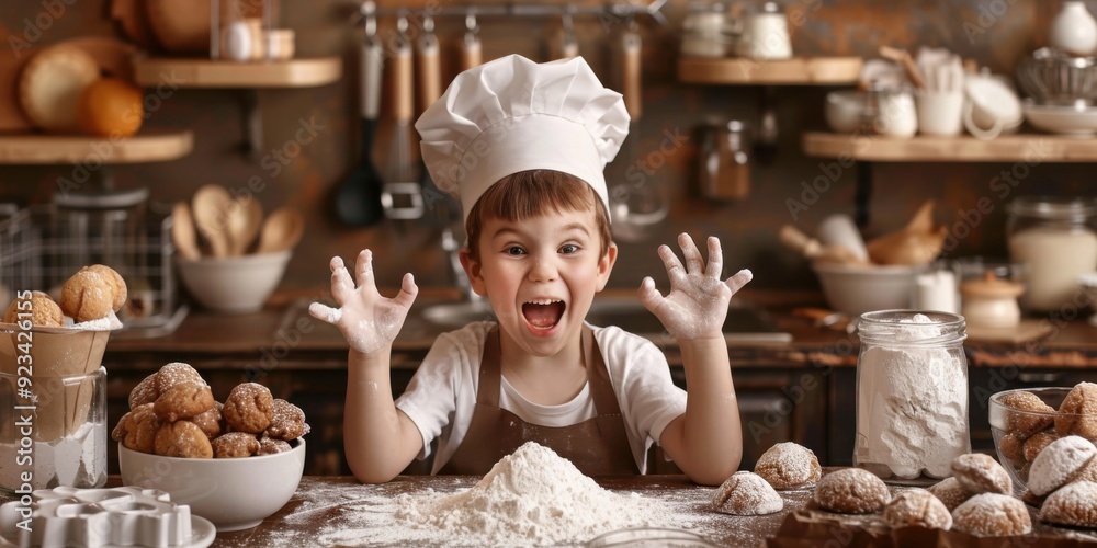 A young boy is standing in a kitchen with a chef's hat on and is making a face A young boy is standing in a kitchen with a chef's hat on and is making a face