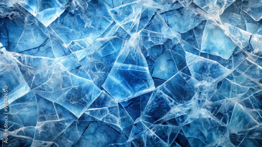 Frozen fractal pattern of cracked ice in shades of blue and white, creates a mesmerizing abstract background and texture design with icy, frosty appeal. Frozen fractal pattern of cracked ice in shades of blue and white, creates a mesmerizing abstract background and texture design with icy, frosty appeal.