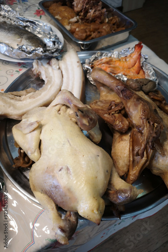 Boiled chicken and braised duck on a plate, a dish for Chinese New Year
