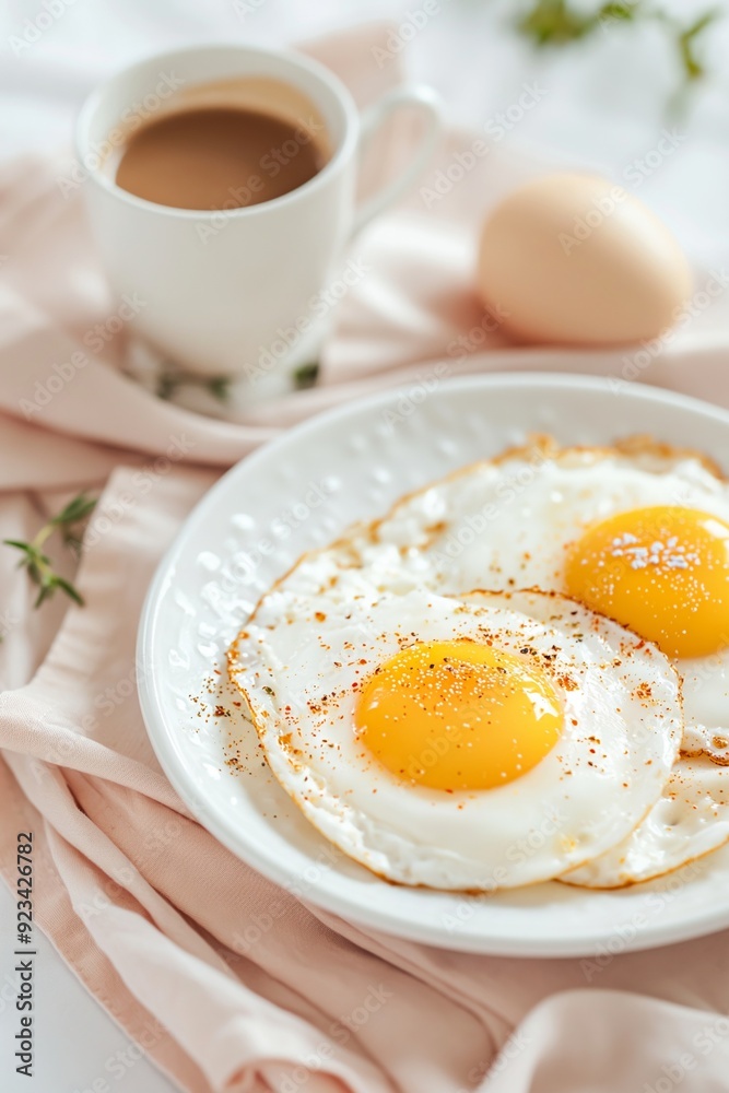 Fried eggs on white plate with coffee cup and herbs. Breakfast concept. Image for cafe menu, food blog, and social media post. Flat lay with copy space.
