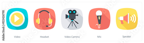 A set of 5 Communication icons as video, headset, video camera