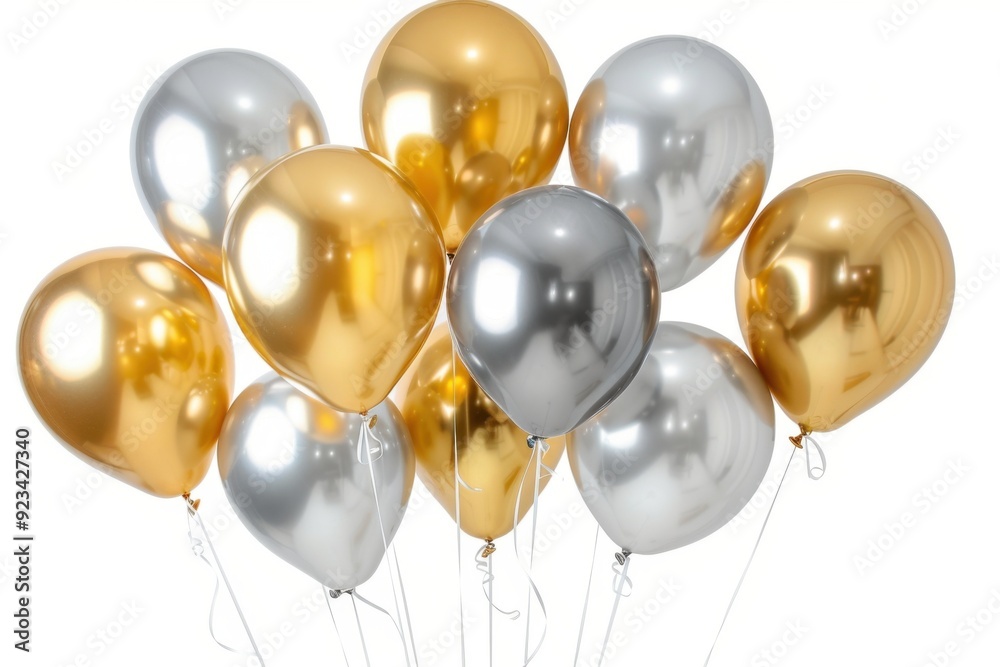 A bunch of shiny silver and gold balloons