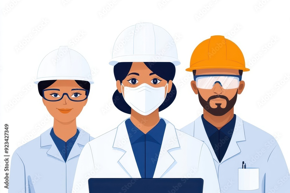 Three diverse professionals in safety gear, representing teamwork in science, health, and engineering fields. Three diverse professionals in safety gear, representing teamwork in science, health, and engineering fields.