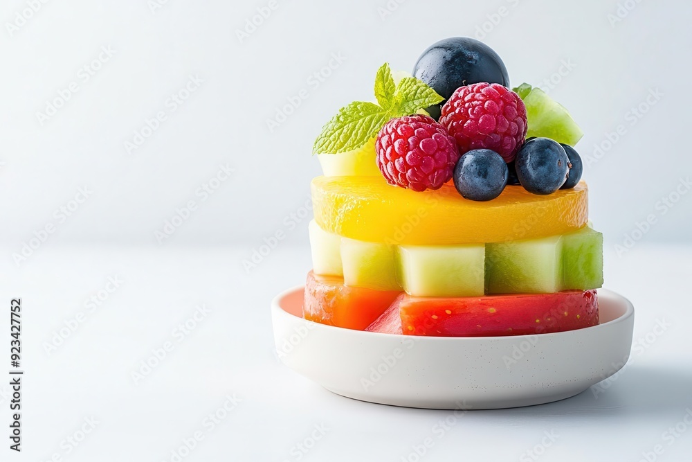 Vibrant fruit salad stacked artfully on a plate featuring fresh berries, melons, and mint leaves for a refreshing treat. Vibrant fruit salad stacked artfully on a plate featuring fresh berries, melons, and mint leaves for a refreshing treat.